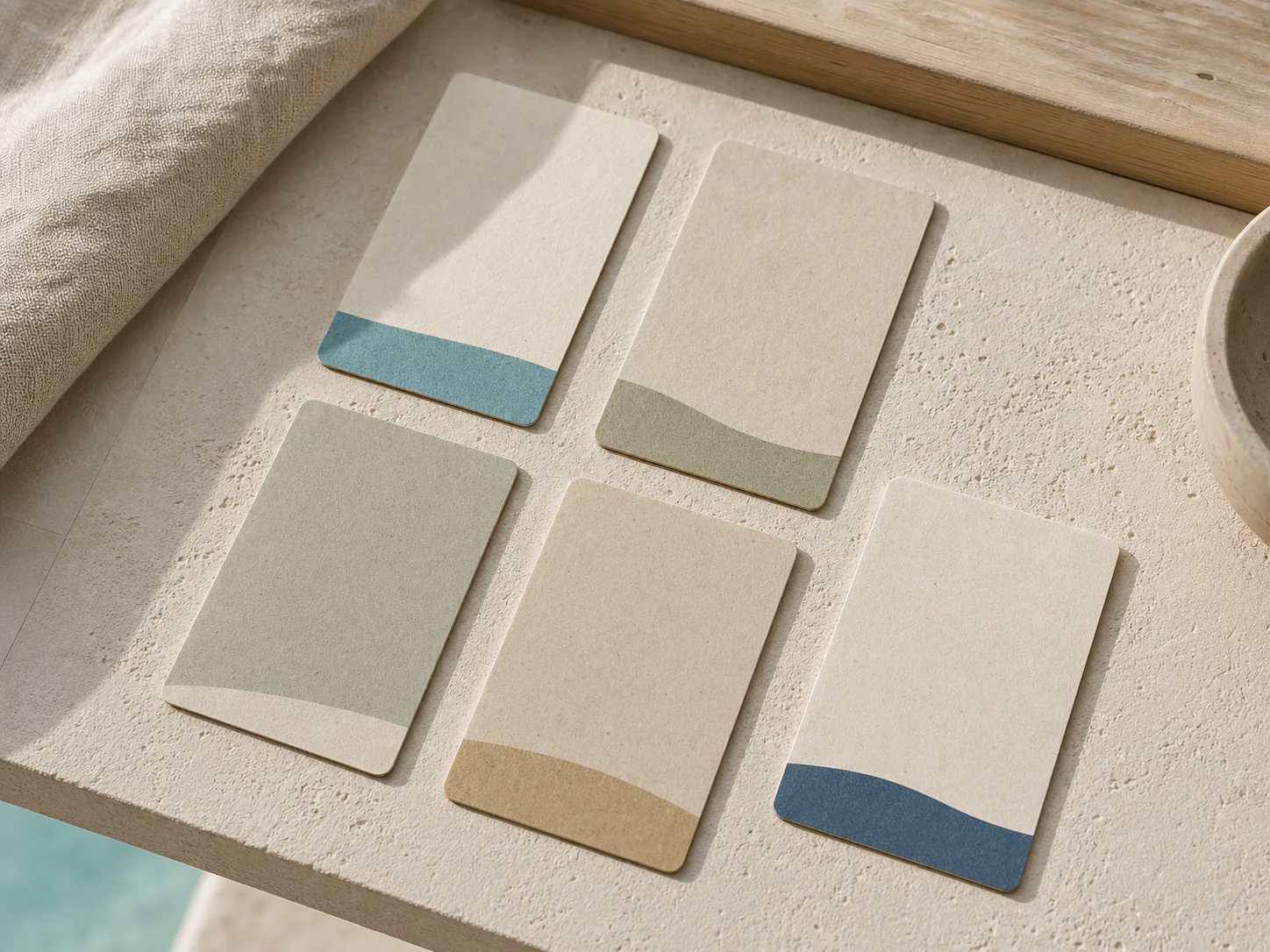 Five paper-based fibre cards with restrained Caribbean colour fields