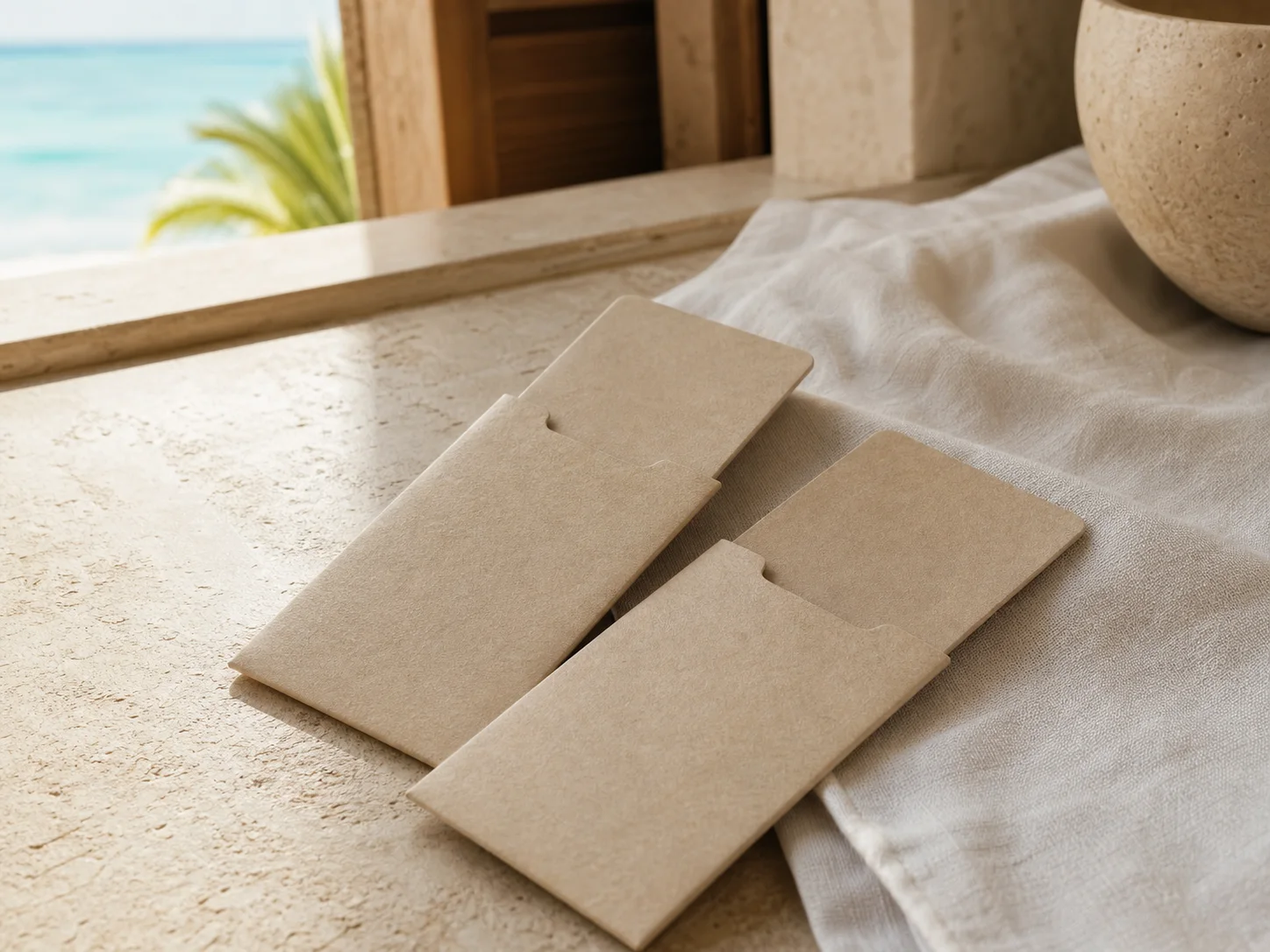 Paper-fibre hotel key cards with matching unbranded sleeves