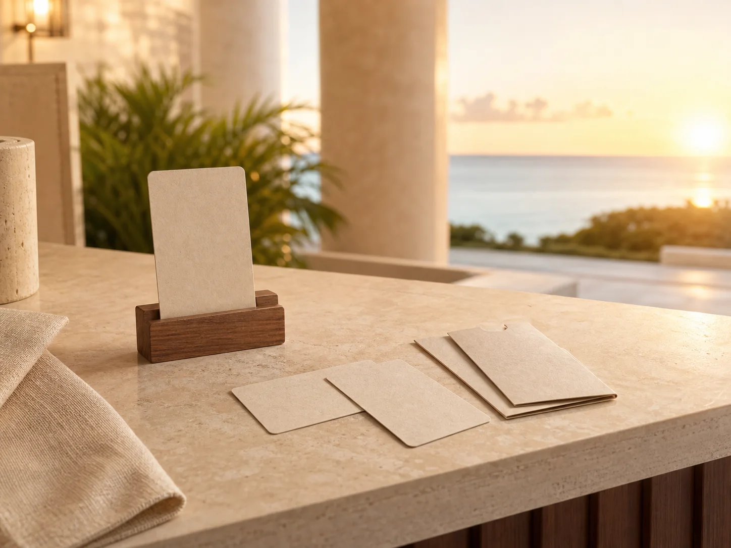 Paper-fibre key cards and sleeves in a dry sunrise reception setting