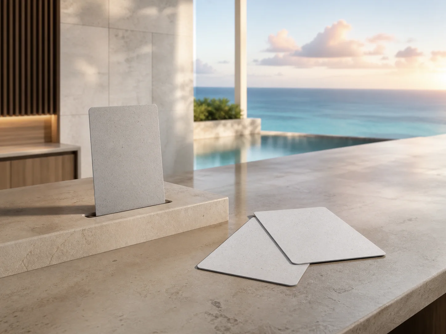 Unbranded recycled-PVC hotel key cards on a coastal reception counter
