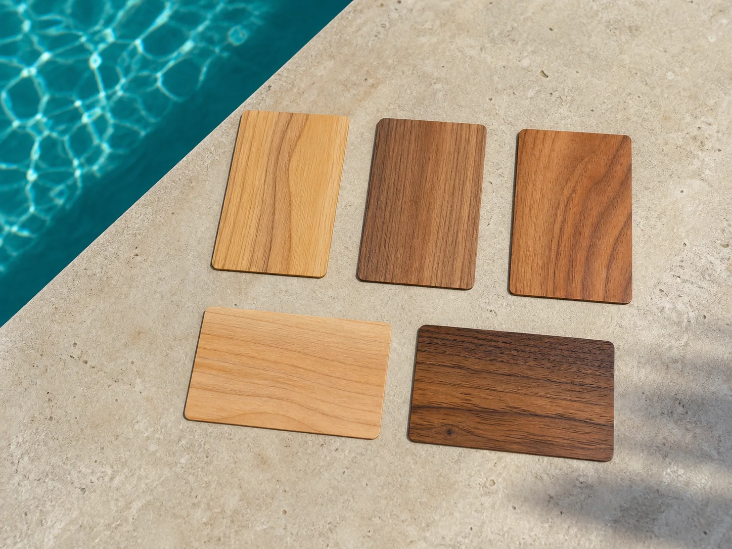 Five unbranded wooden hotel key cards showing natural grain variation