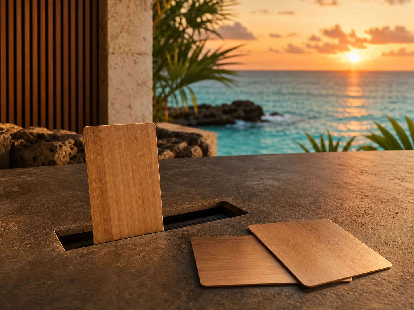Wooden hotel key cards on a sunset Caribbean reception counter