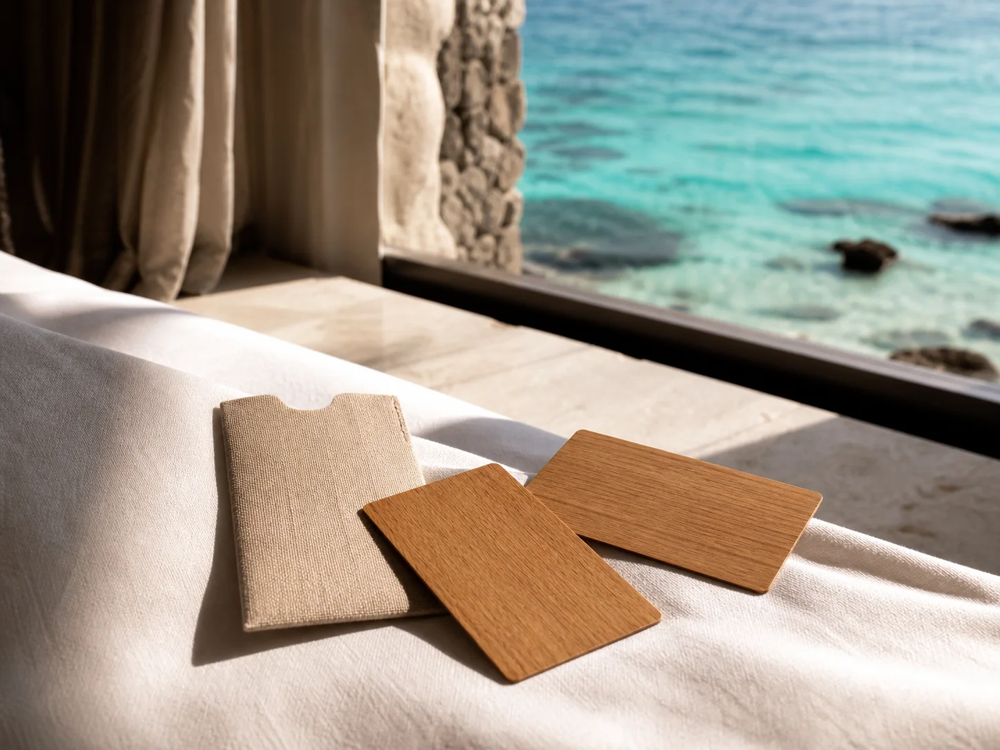 Two wooden hotel key cards and a natural-fibre sleeve on linen