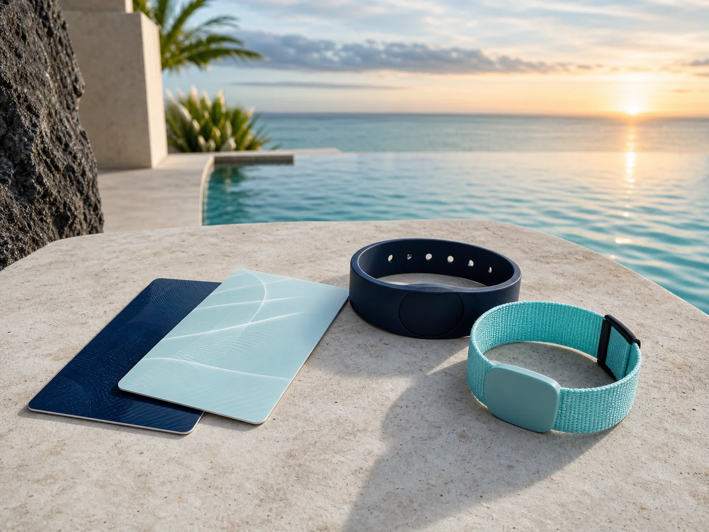 Two hotel key cards with silicone and woven RFID wristbands at a Caribbean resort