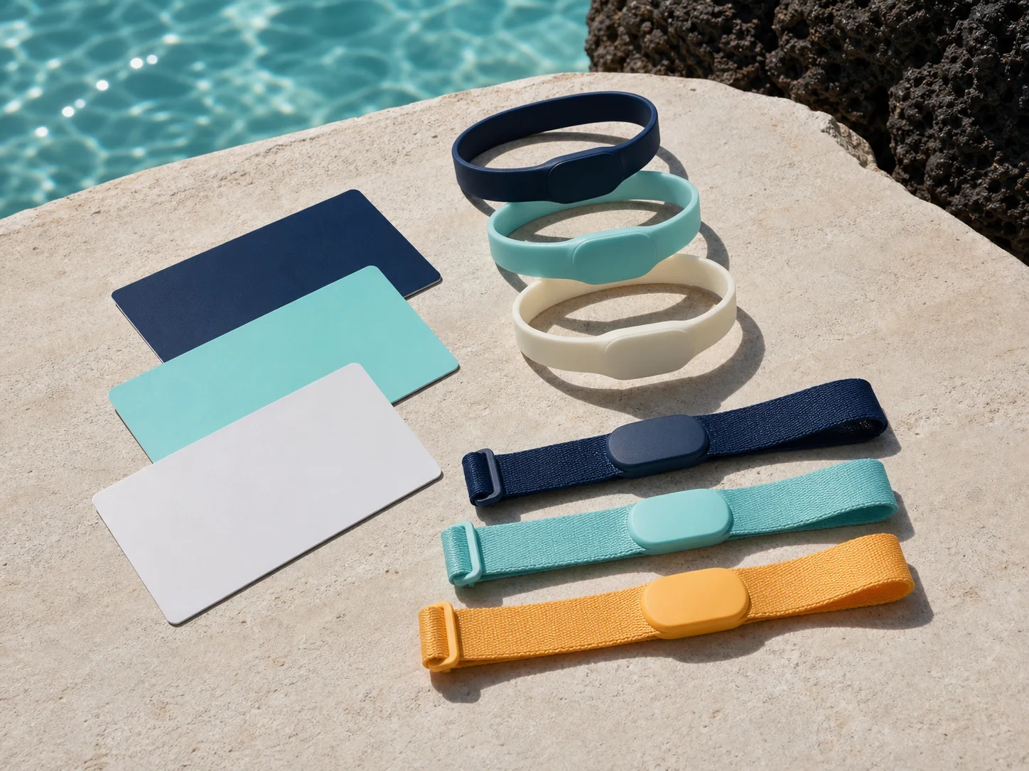Coordinated cards, silicone bands and woven wristbands in Caribbean colours