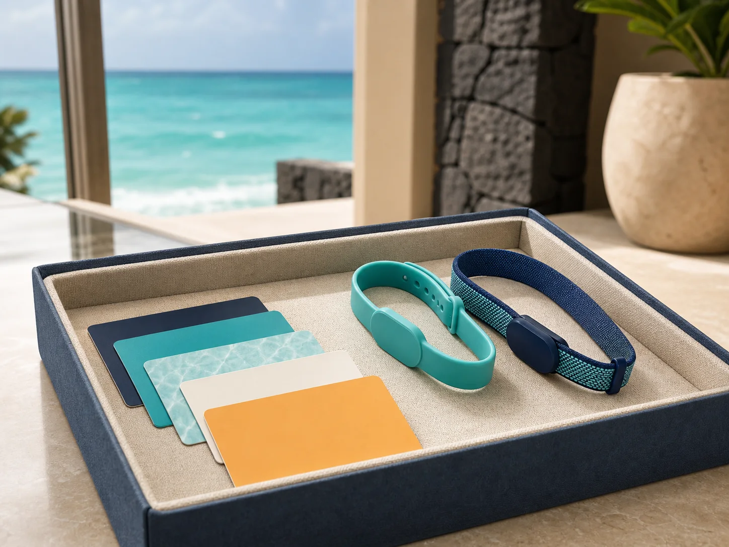 Cards and matching RFID wristbands arranged in a reception issue tray