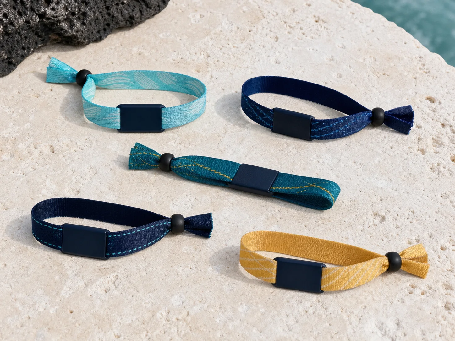 Five woven RFID wristbands showing restrained colours and closure directions