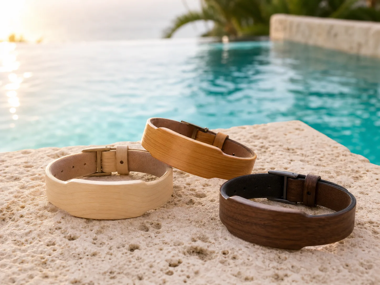 Three unbranded wooden RFID wristbands beside Caribbean water