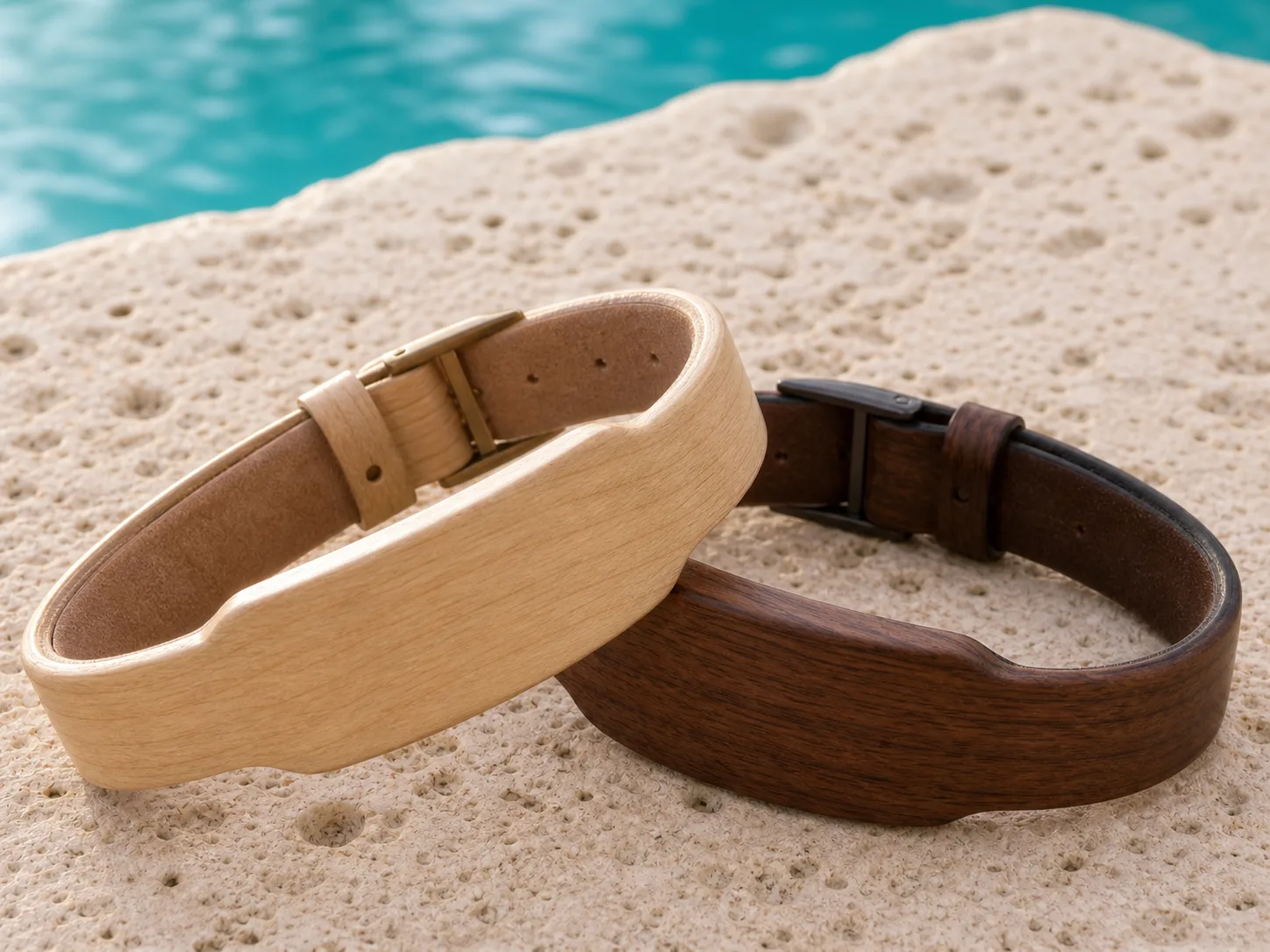 Macro view of wooden wristband grain, edges and embedded credential housing
