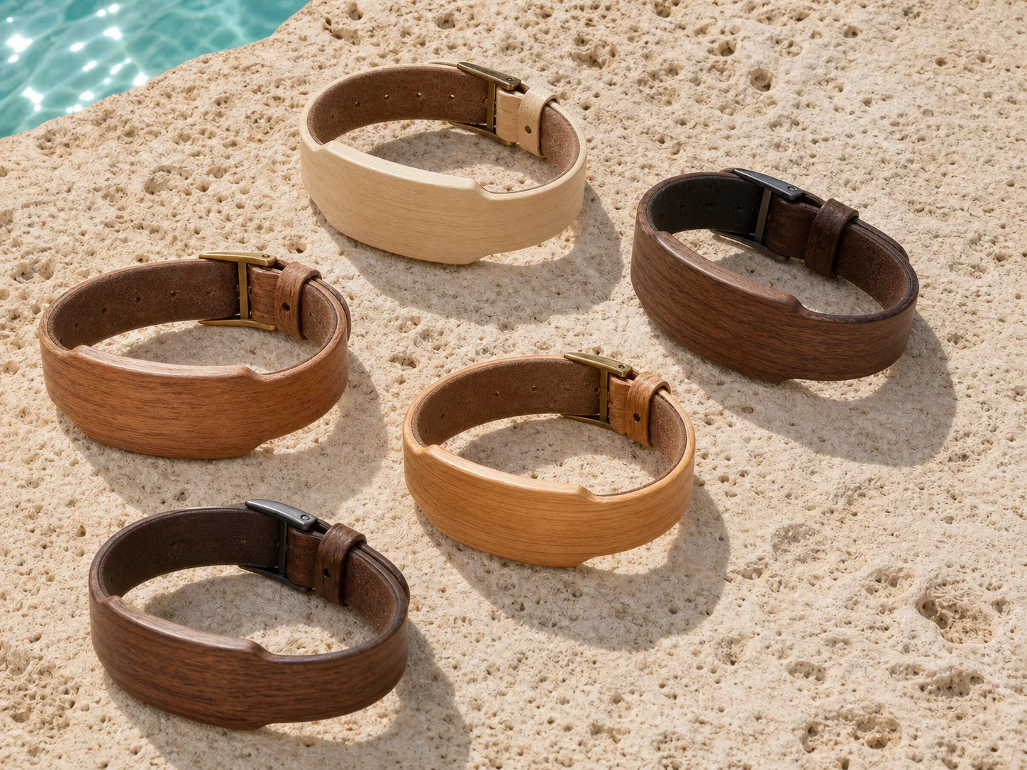 Five wooden RFID wristband colour and closure directions