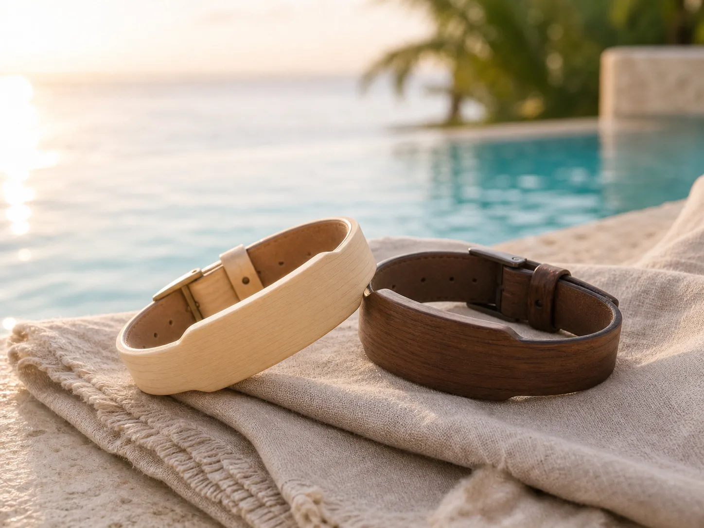 Two wooden RFID wristbands presented on natural linen