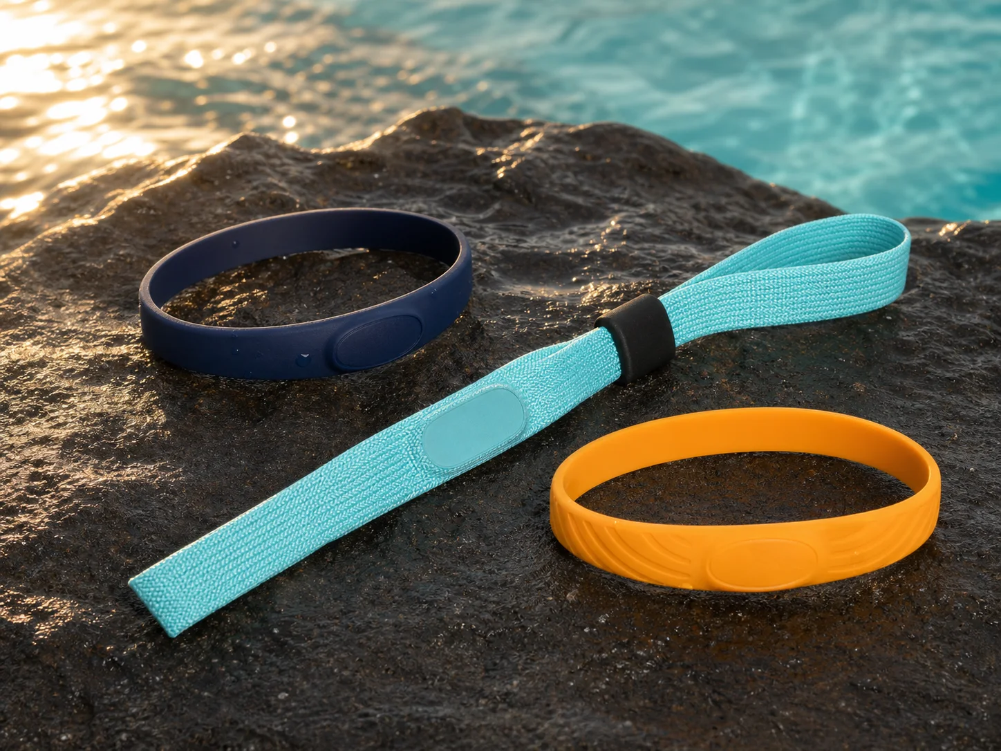 Realistic unbranded silicone and woven RFID wristbands on volcanic stone beside turquoise Caribbean water